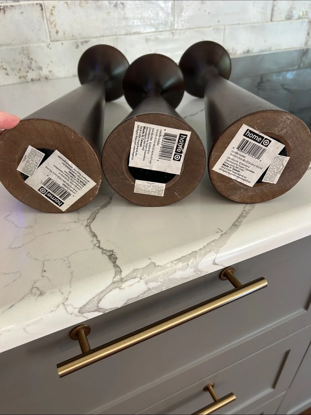 Three Wooden Tapered Candle Holders Set - Brown -EUC
